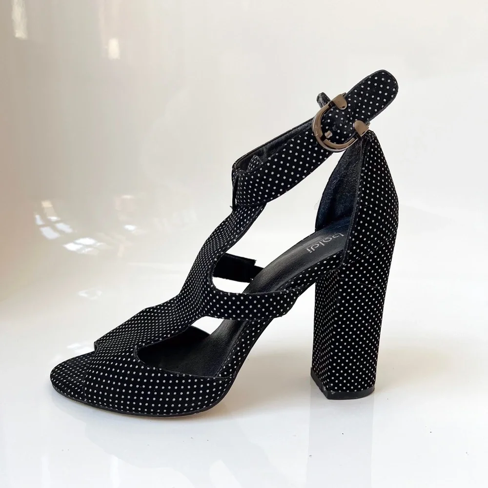 Baldi London Polka Dot Cage Sandal High Block Heel Open Toe Black White 8.5